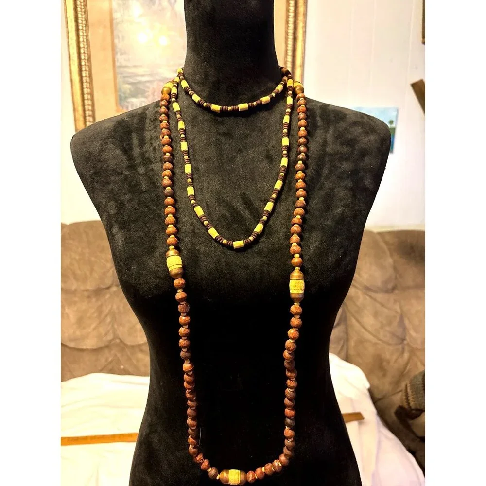 Wooden Beaded Layered Necklace Set Earthy Artsy Handcrafted Boho Rustic Hippie